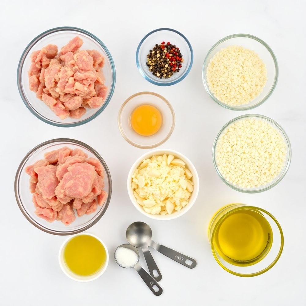 Raw ingredients for Garlic Pork Bites on a white marble surface