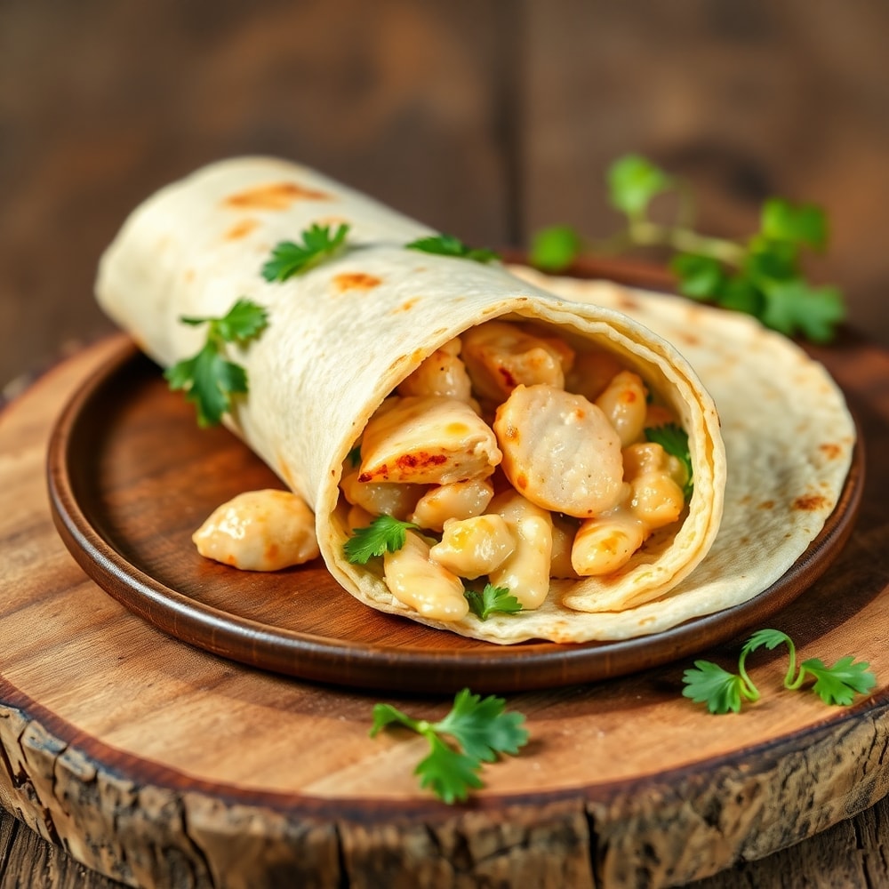Chicken Caesar wrap plated on a rustic wooden board, garnished with fresh parsley