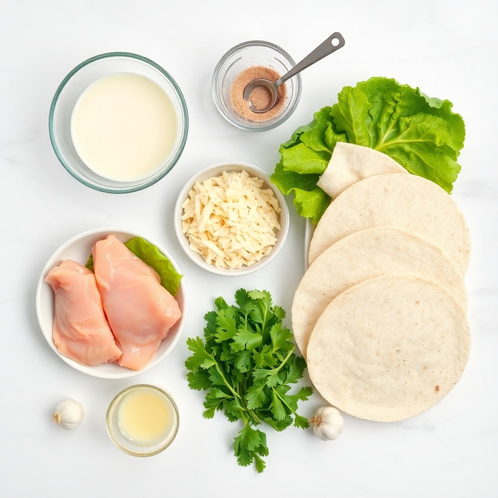 Raw ingredients for chicken Caesar wraps: chicken breasts, romaine lettuce, Caesar dressing, tortilla wraps, parmesan cheese, and garlic