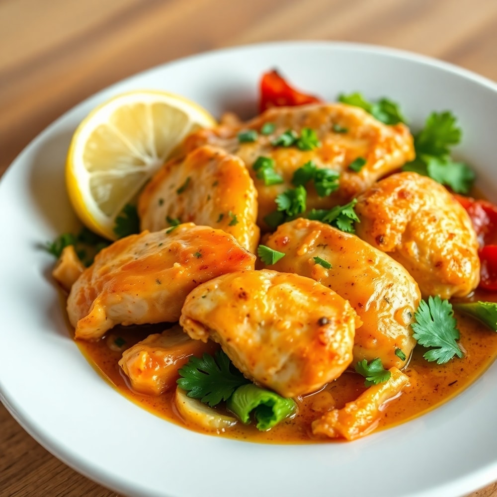 Greek Chicken Bowl plated - golden chicken, crispy veggies, and tangy sauce
