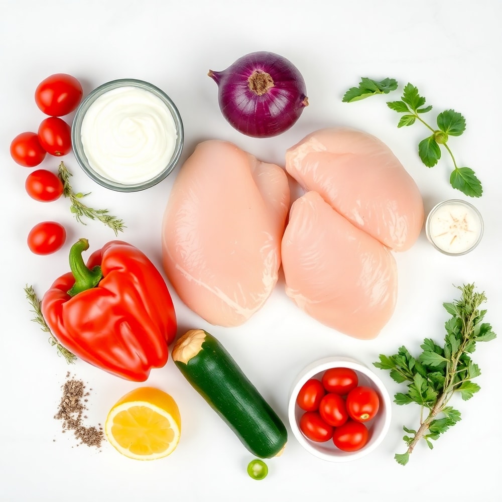 Greek Chicken Bowl ingredients - chicken, veggies, sauce, and spices