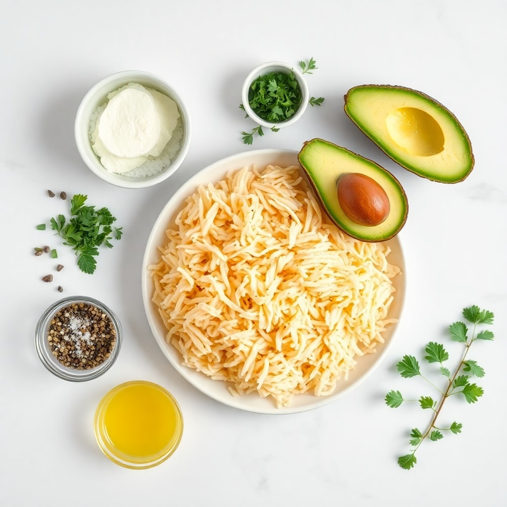 Raw ingredients for Hash Brown Avocado Toast arranged on a white marble surface