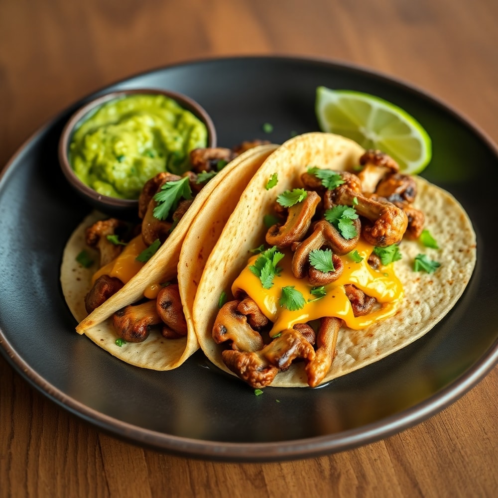 Plated crispy mushroom tacos with a side of guacamole and a squeeze of lime