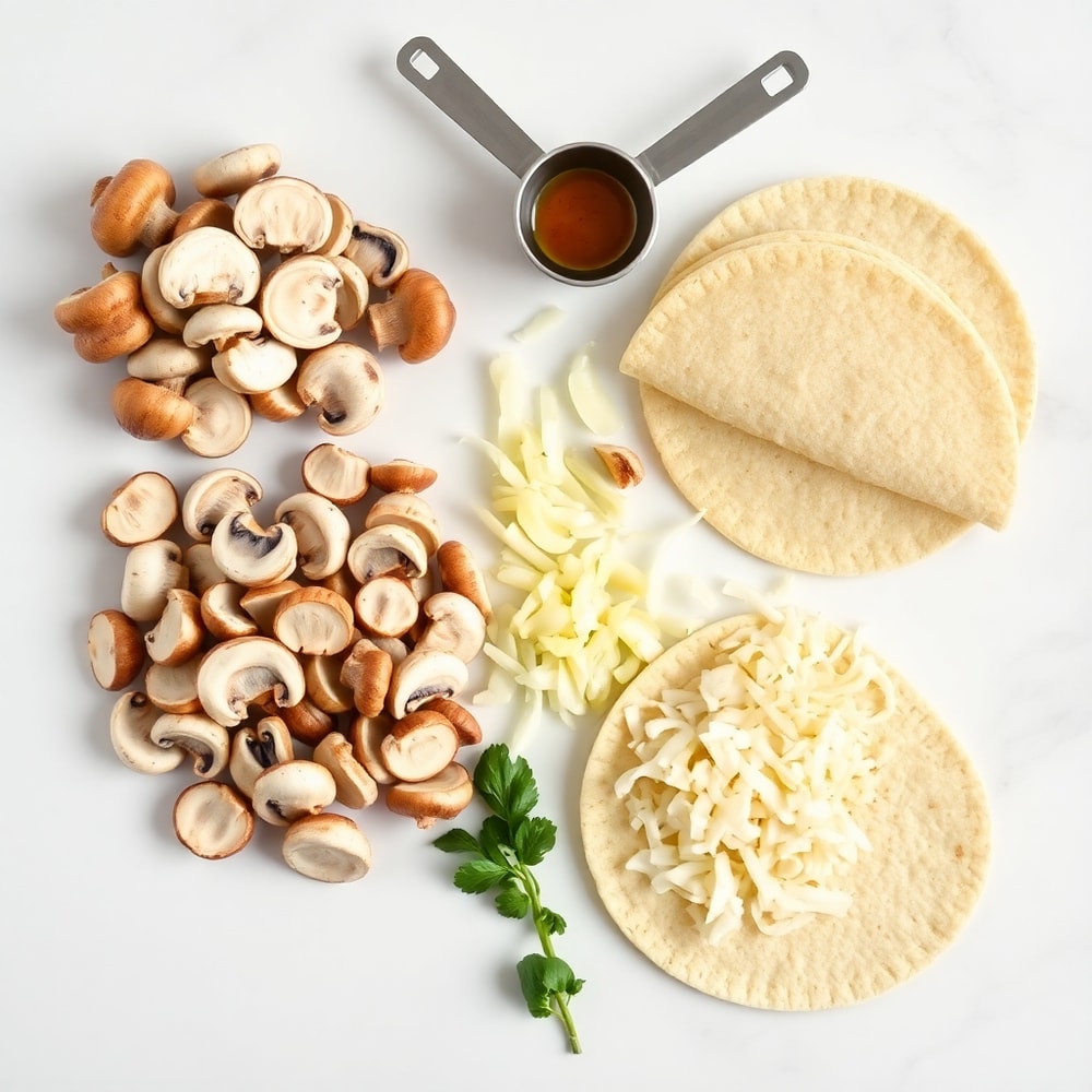 Raw ingredients for crispy mushroom tacos including mushrooms, garlic, onion, and taco shells