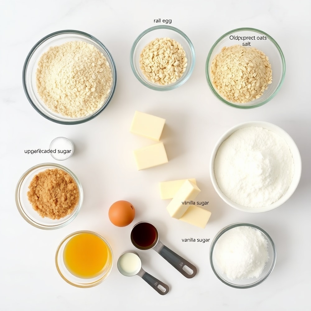 Raw ingredients for Oatmeal Cream Pies on a marble surface