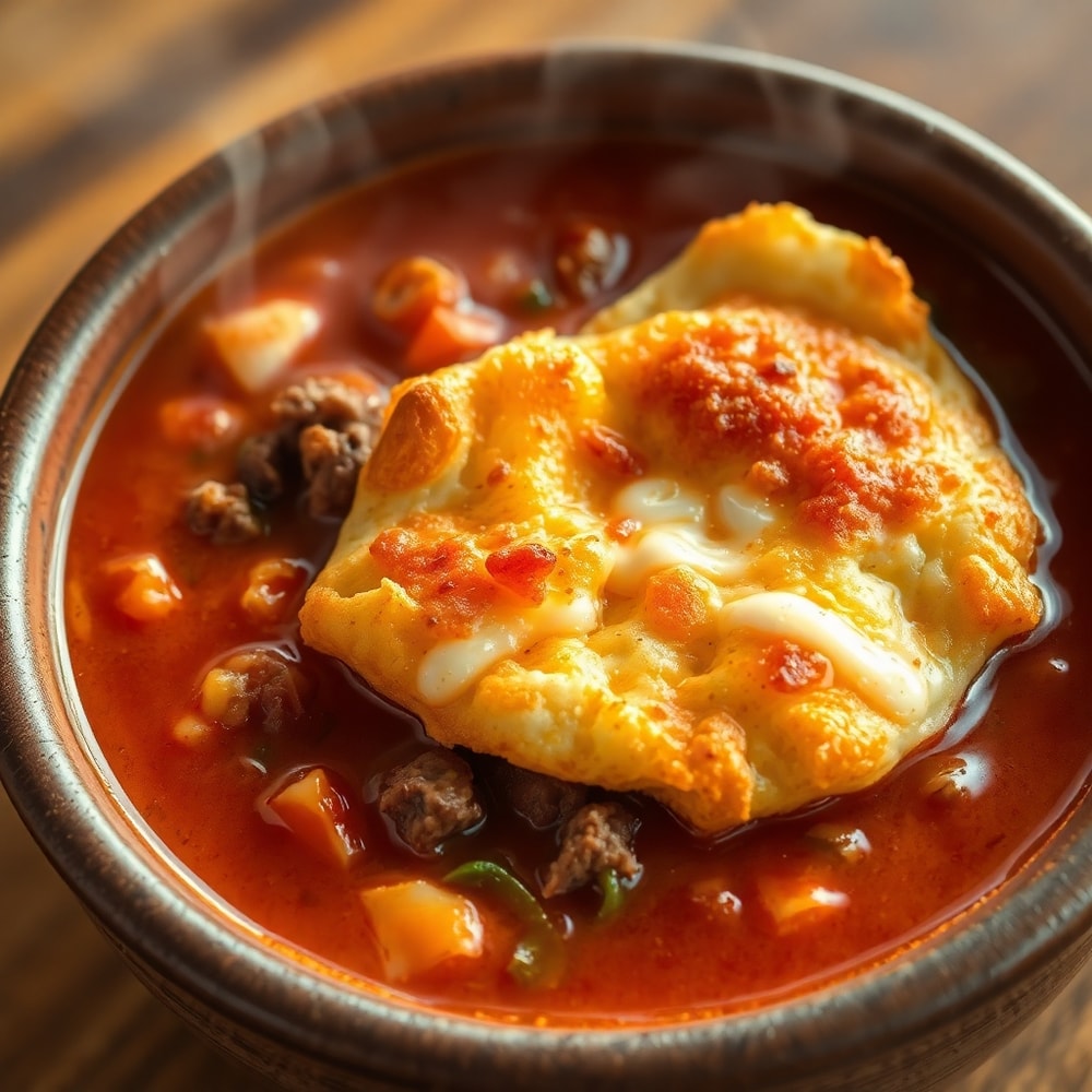 Bowl of Paleo Pizza Soup topped with crispy pizza crust and melted cheese