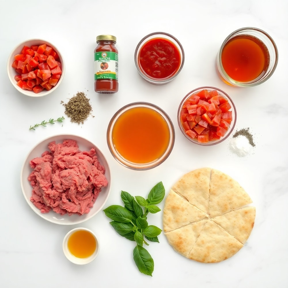 Raw ingredients for Paleo Pizza Soup including ground beef, diced tomatoes, and paleo pizza crust