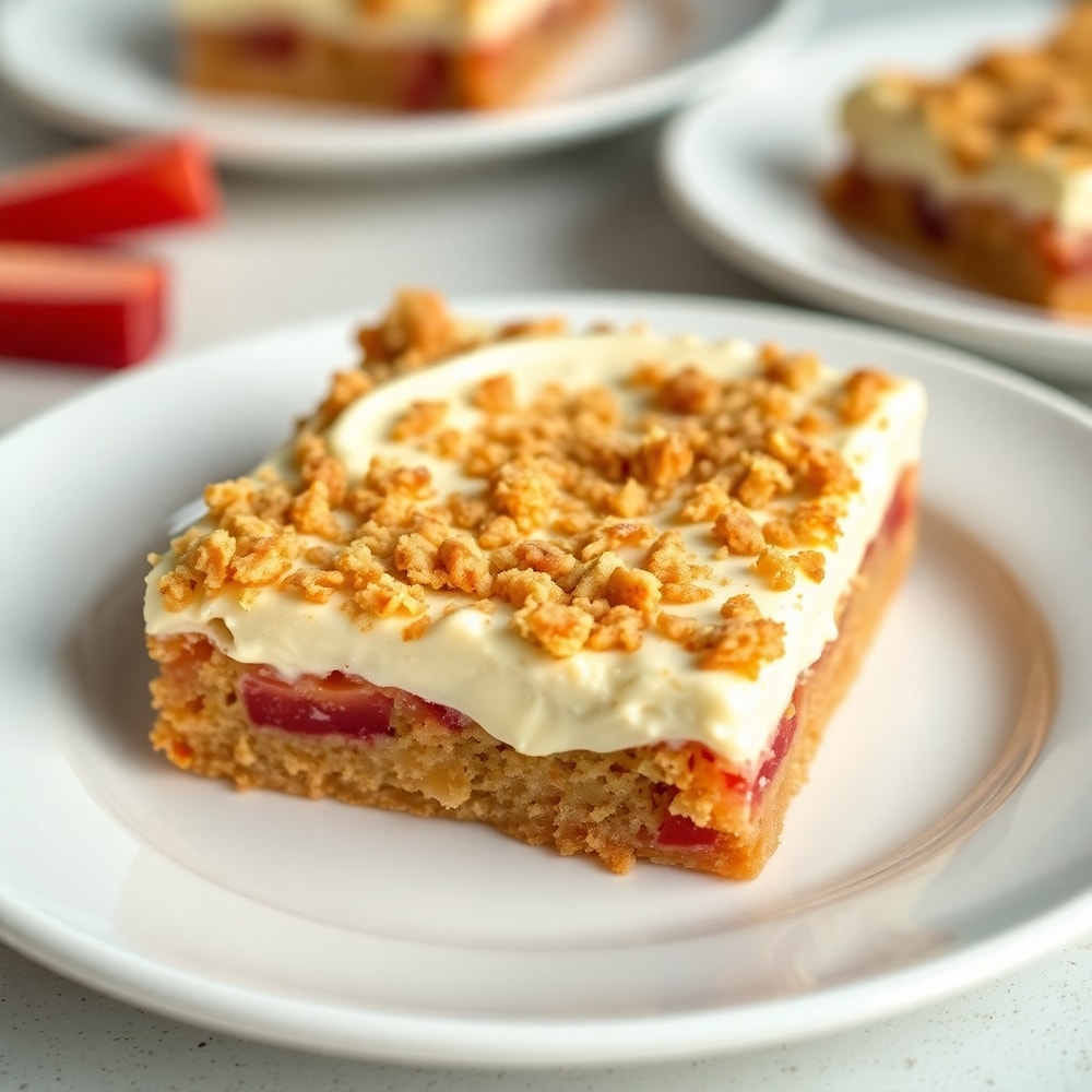 One perfect plated serving of rhubarb bars with cream cheese frosting on a white plate