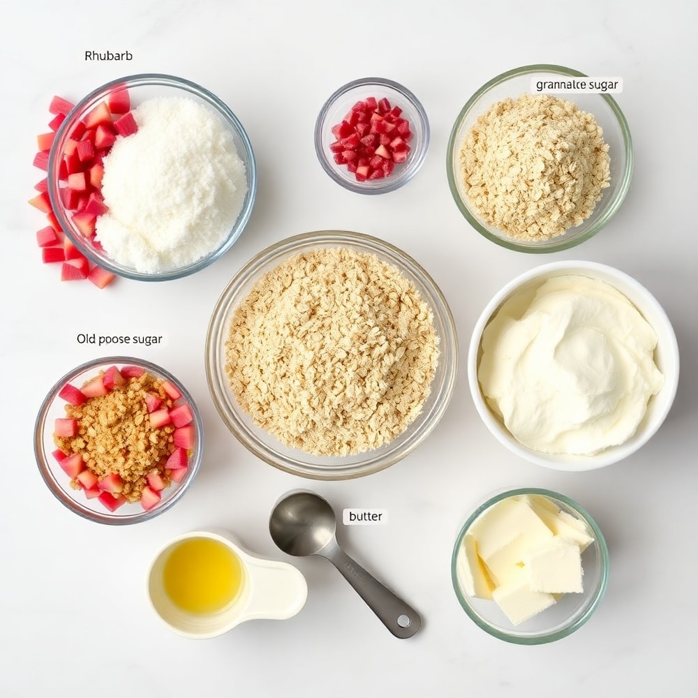 Raw ingredients for rhubarb bars including rhubarb, sugar, flour, and cream cheese on a white marble surface
