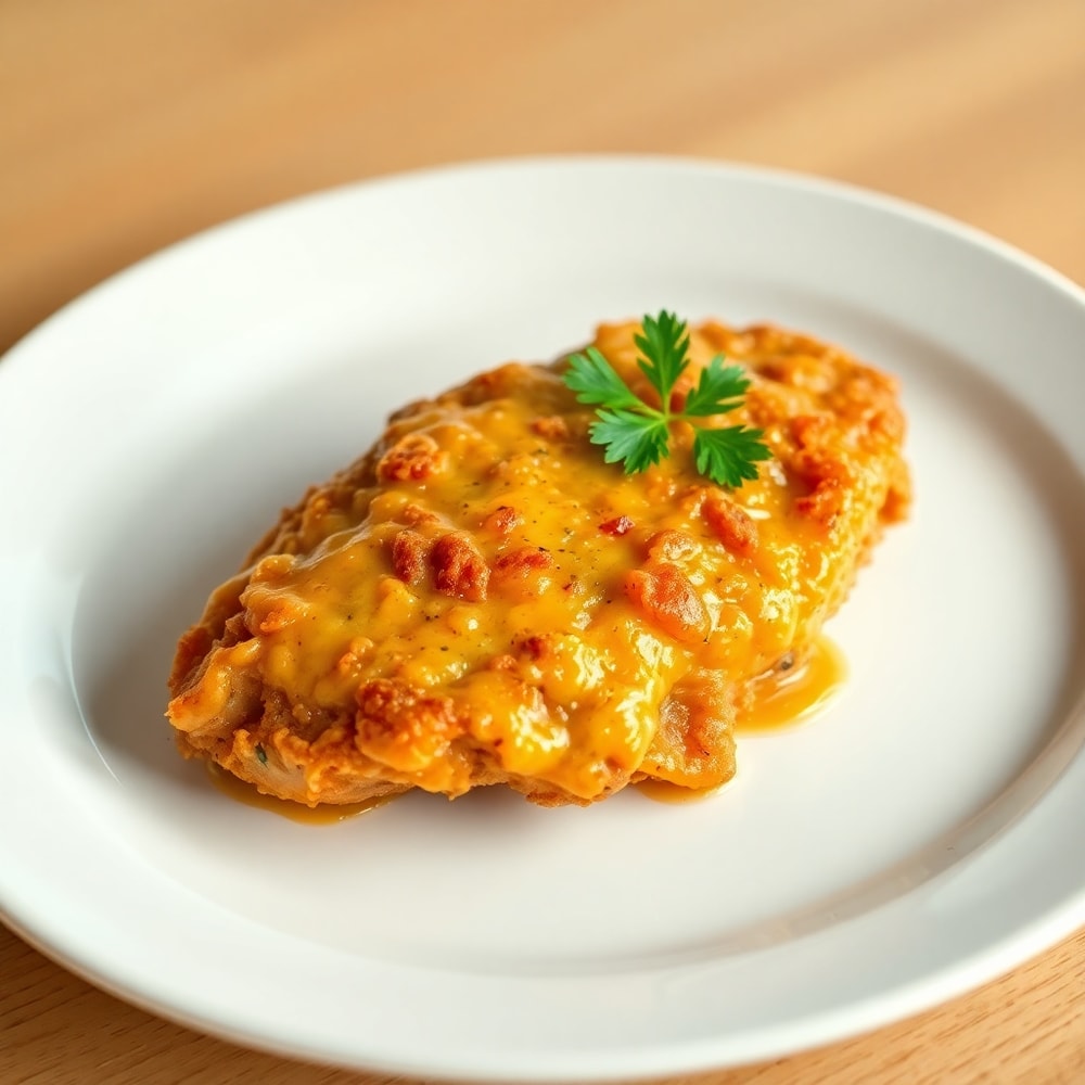 Crispy Smothered Chicken on a white plate