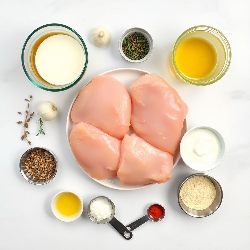 Raw ingredients for Crispy Smothered Chicken on a white marble surface