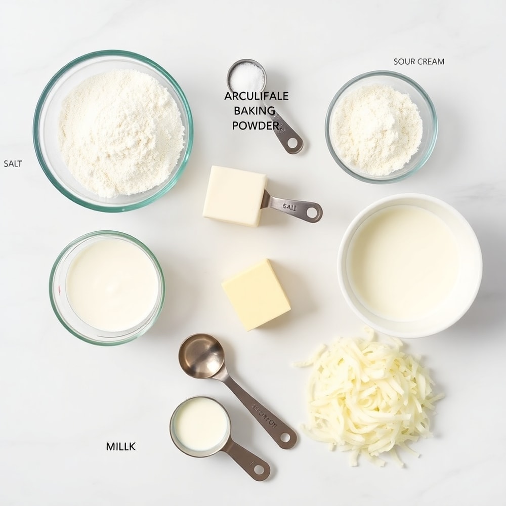 Raw ingredients for sour cream and onion biscuits on a white marble surface