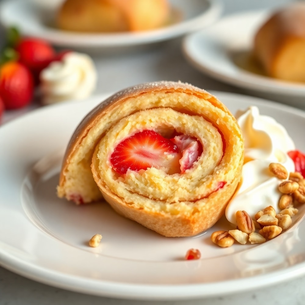 Crispy Strawberry Cheesecake Breakfast Rolls on a plate
