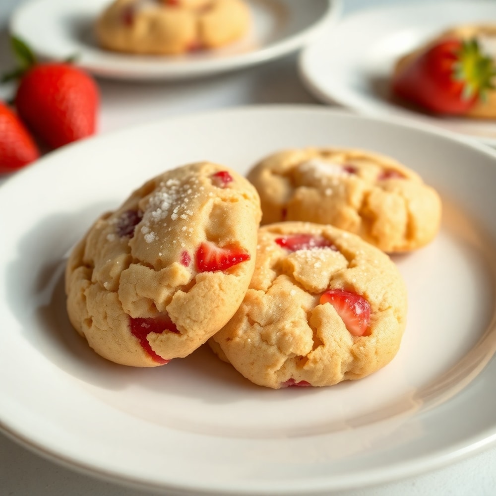One perfect plated serving of Strawberry Crunch Cookies on a white plate