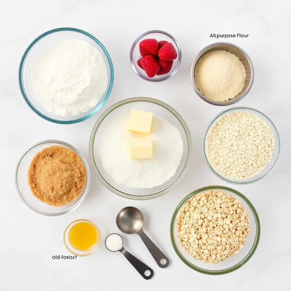 Raw ingredients for Strawberry Crunch Cookies on a white marble surface