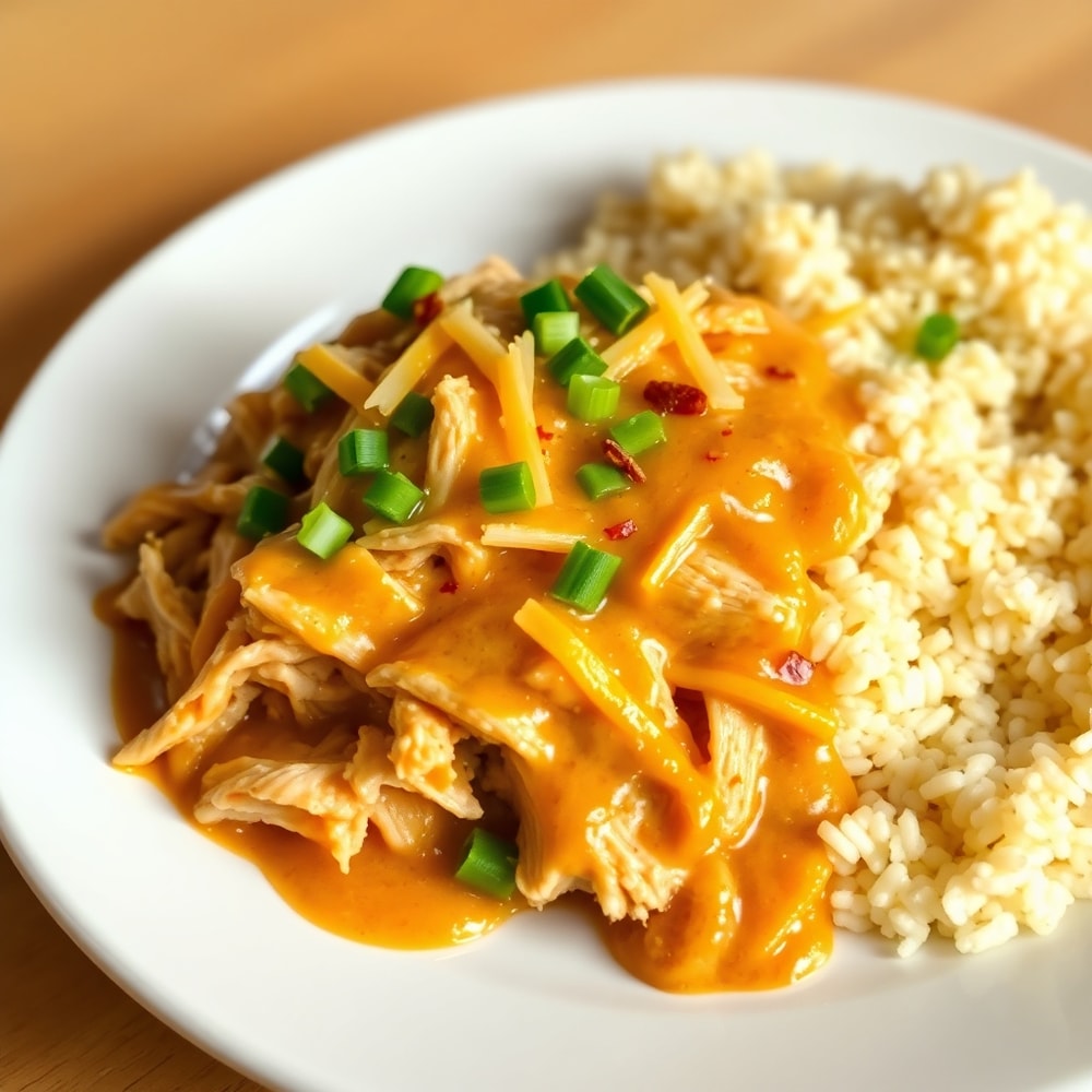 Plated Crockpot Cajun Butter Chicken with a side of rice