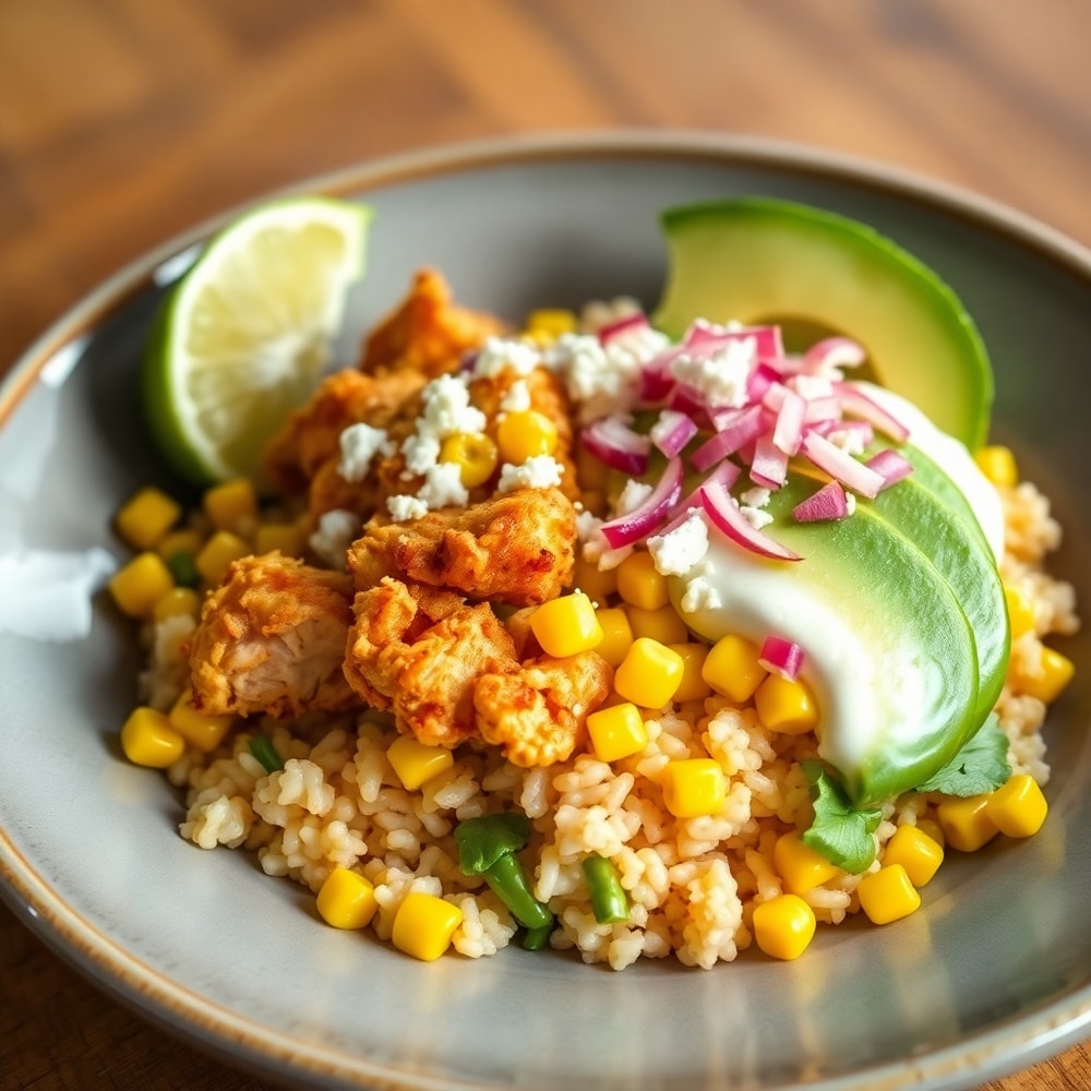 Finished street corn chicken rice bowl on a plate