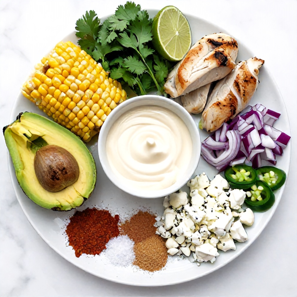 Raw ingredients for street corn chicken rice bowl