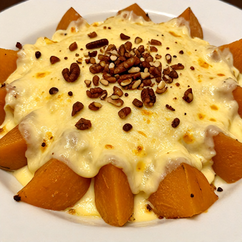 Plated Apple Butternut Squash Casserole with a sprinkle of chopped pecans