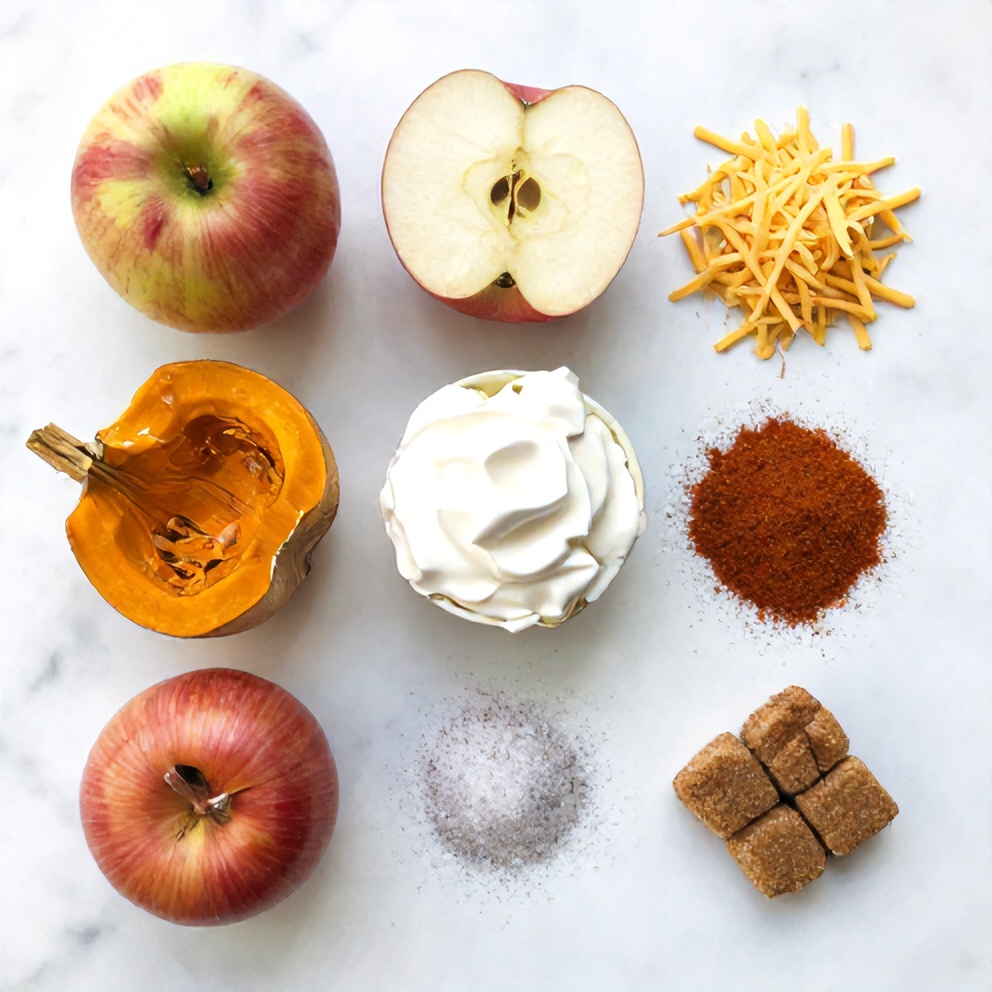 Raw ingredients for Apple Butternut Squash Casserole in a flat lay