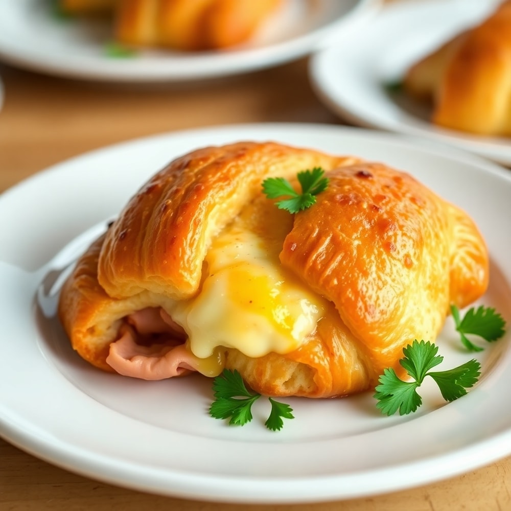 Plated Easy Baked Ham and Cheese Croissants with a side of fresh fruit