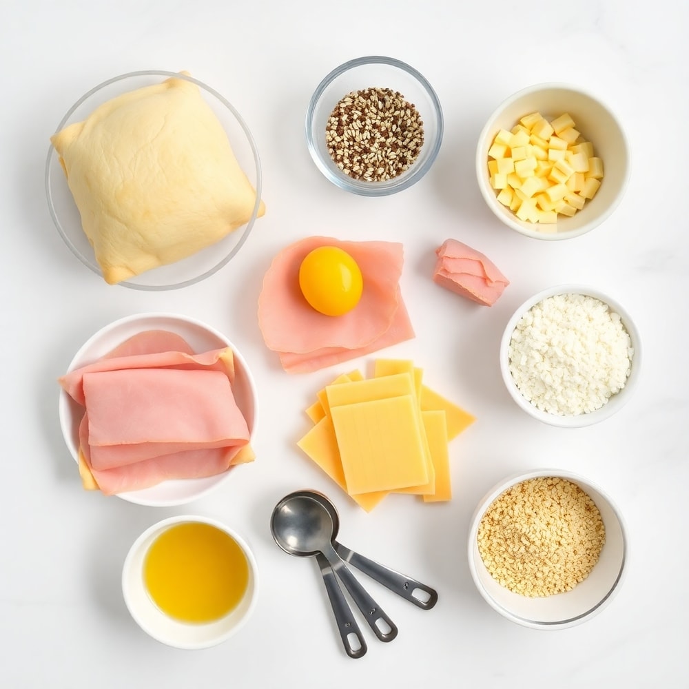 Ingredients for Easy Baked Ham and Cheese Croissants on a white marble surface