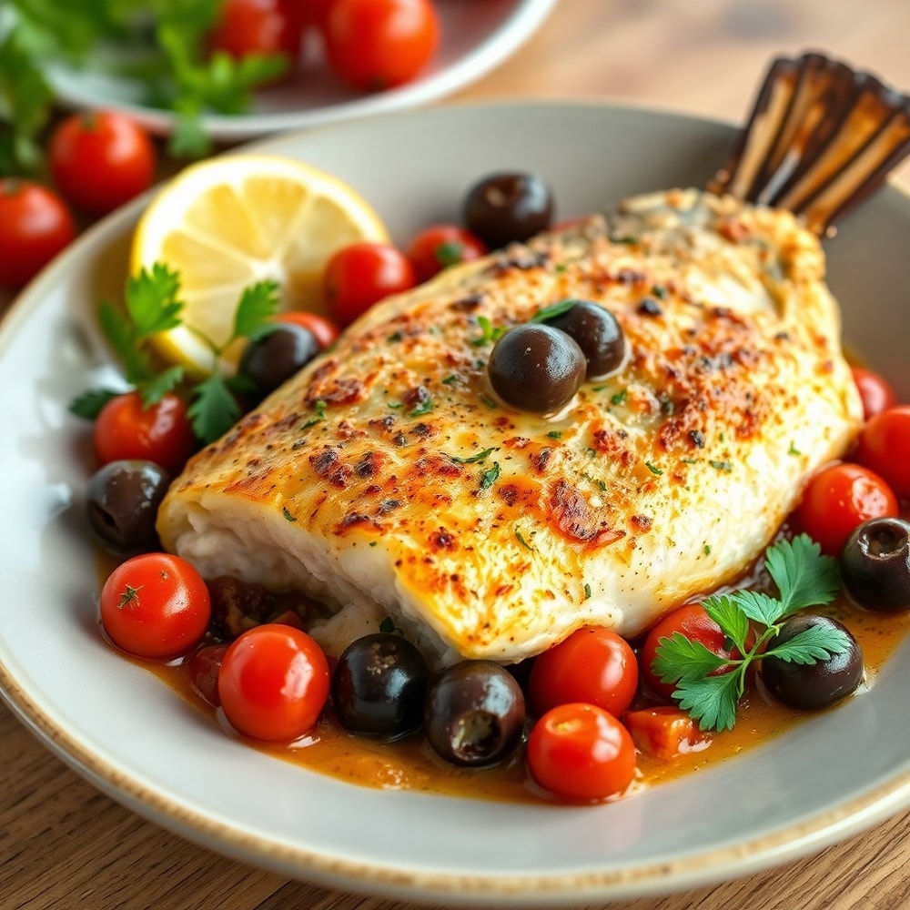 Easy Baked Sea Bass with Olives and Cherry Tomatoes