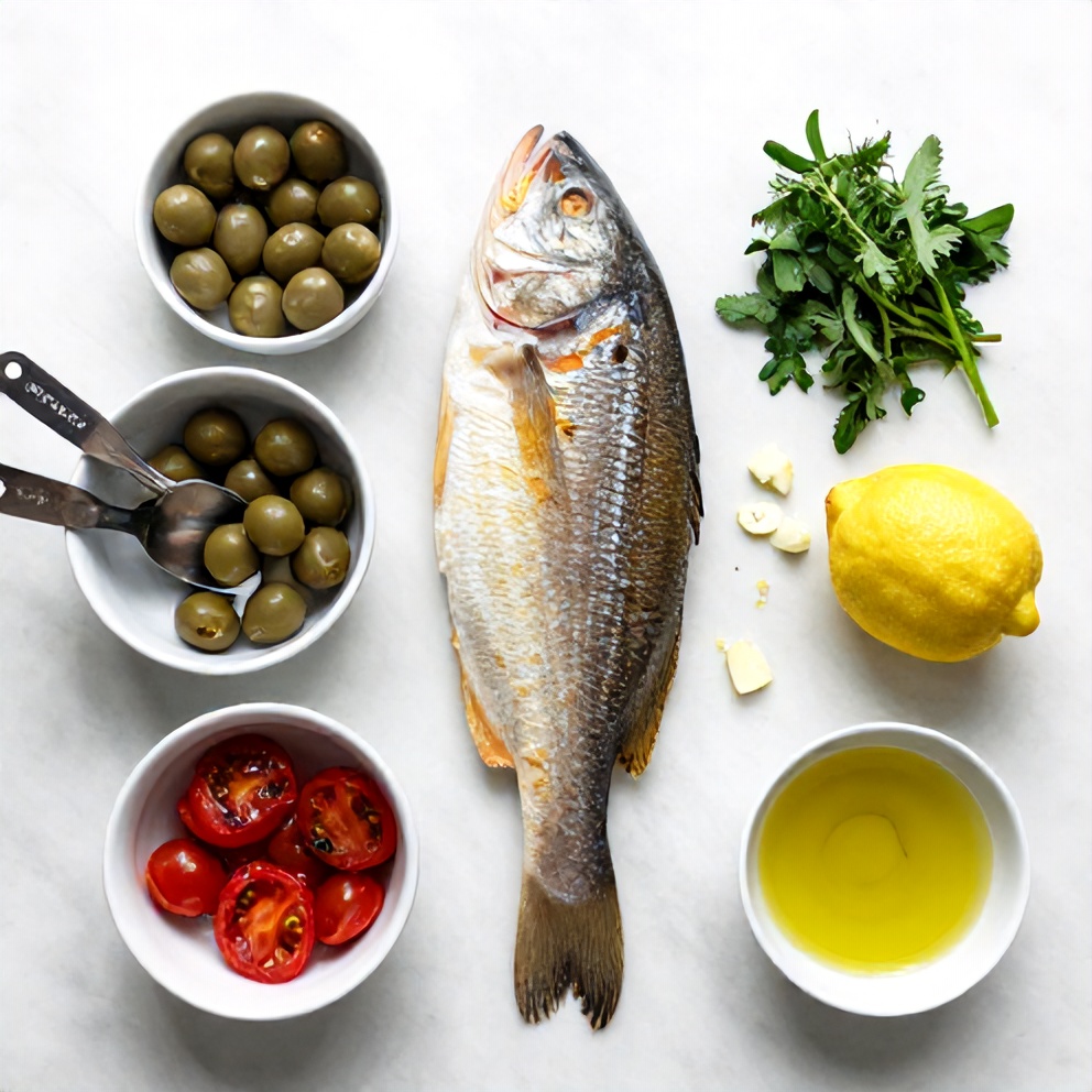 Ingredients for Easy Baked Sea Bass with Olives and Cherry Tomatoes