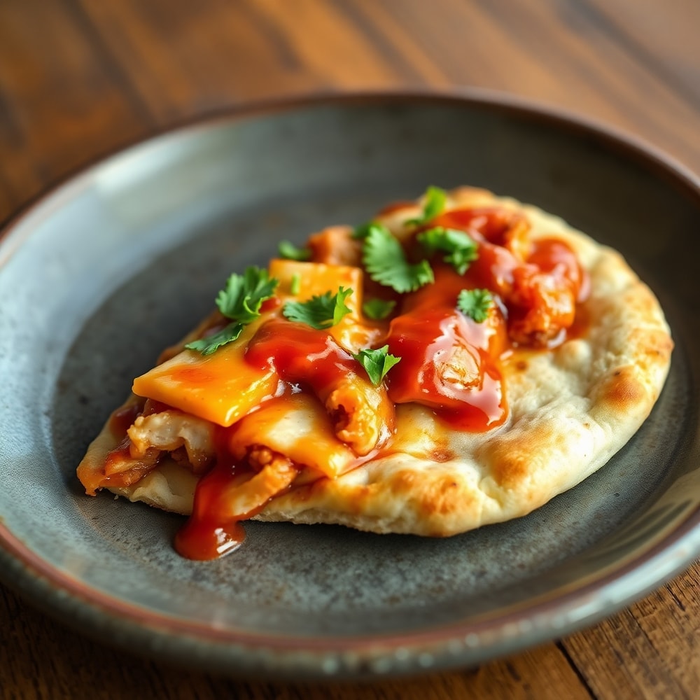 Plated BBQ Chicken Flatbread on a rustic plate