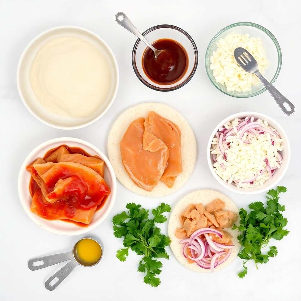 Raw ingredients for BBQ Chicken Flatbread on a marble surface