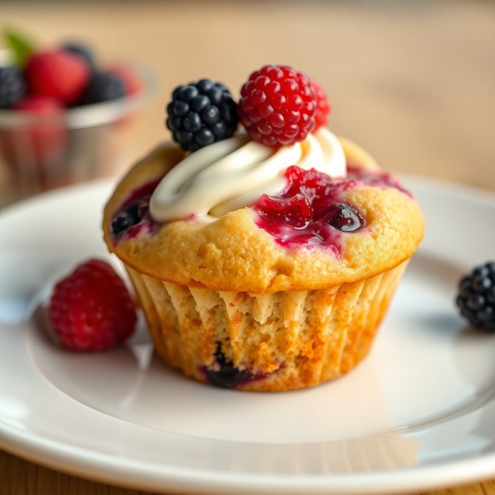 Plated berry cream cheese muffin with cream cheese swirl and fresh berries