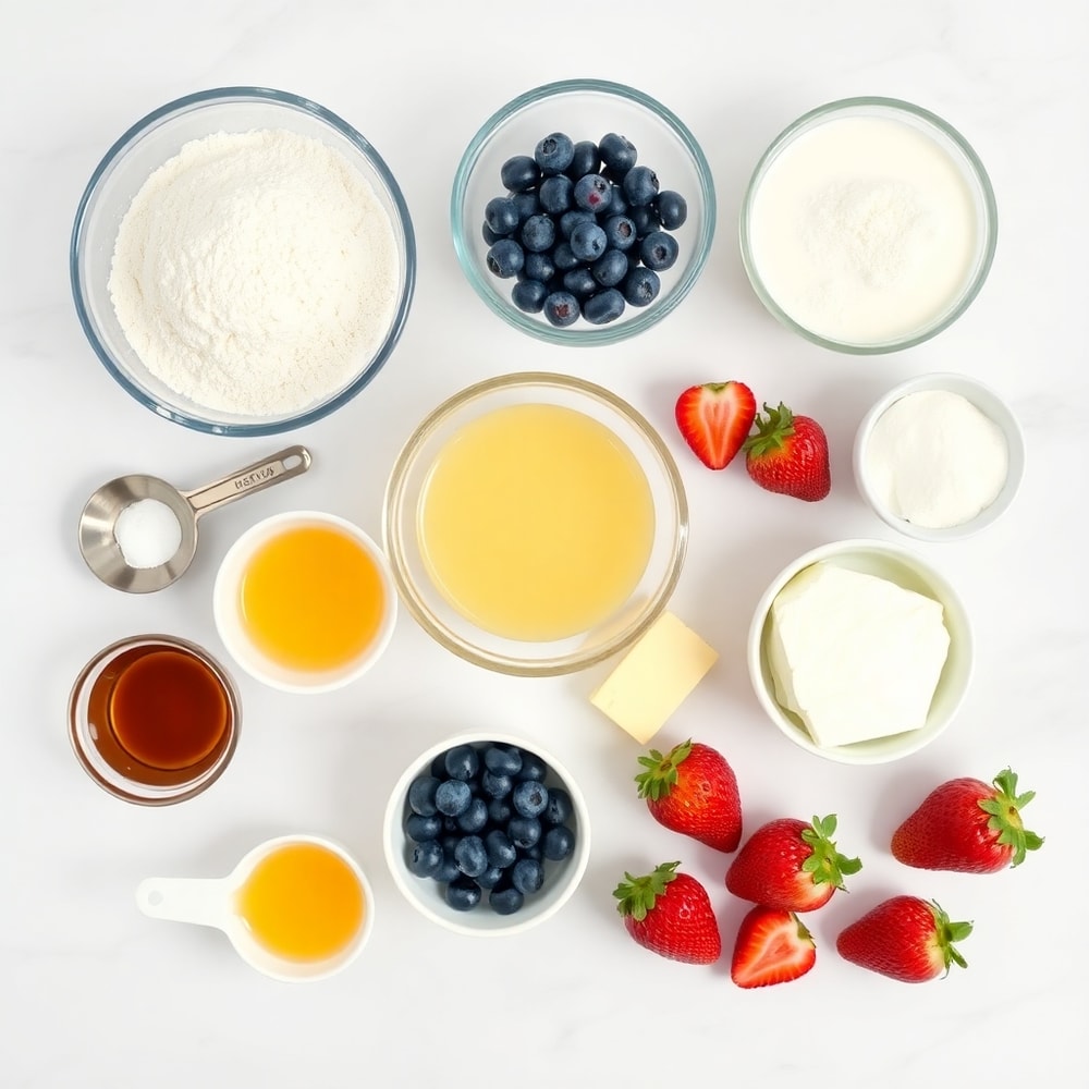 Raw ingredients for berry cream cheese muffins: flour, sugar, baking powder, salt, eggs, milk, butter, vanilla extract, cream cheese, blueberries, strawberries