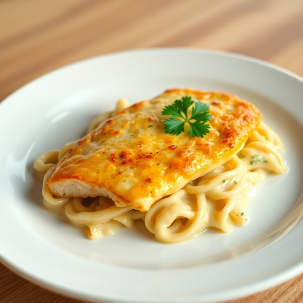 Plated Chicken Tetrazzini with Parsley Garnish