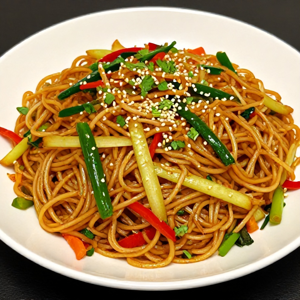 Plated Chinese Chow Mein with Fresh Veggies