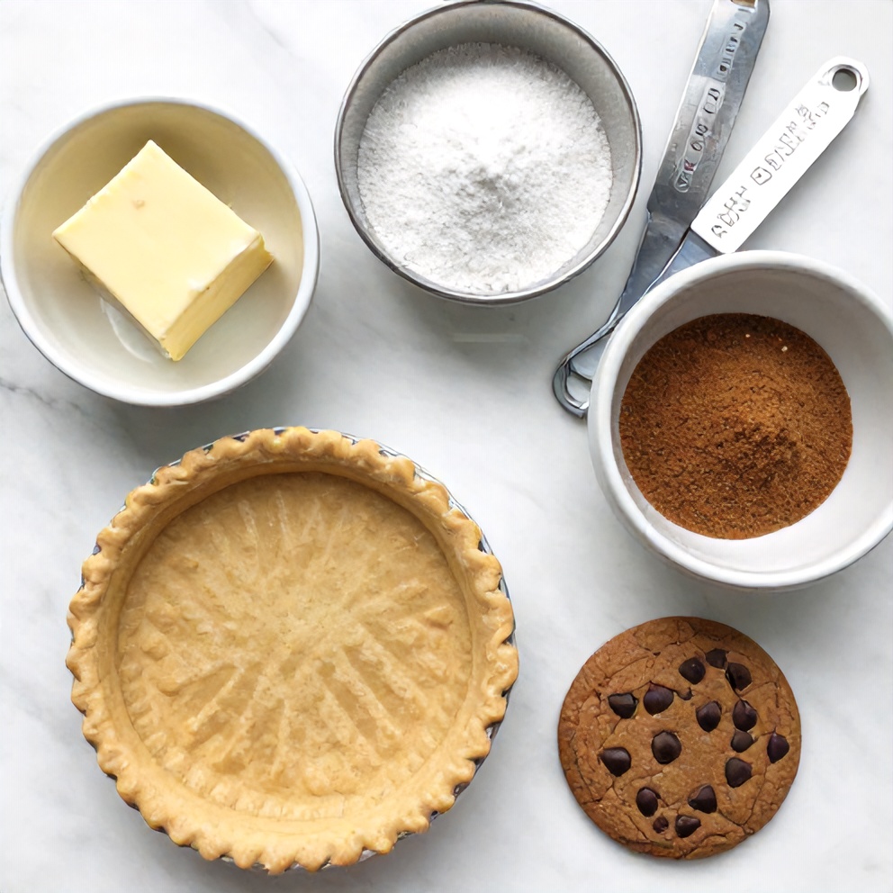 Chocolate Chip Cookie Pie ingredients on a wooden surface
