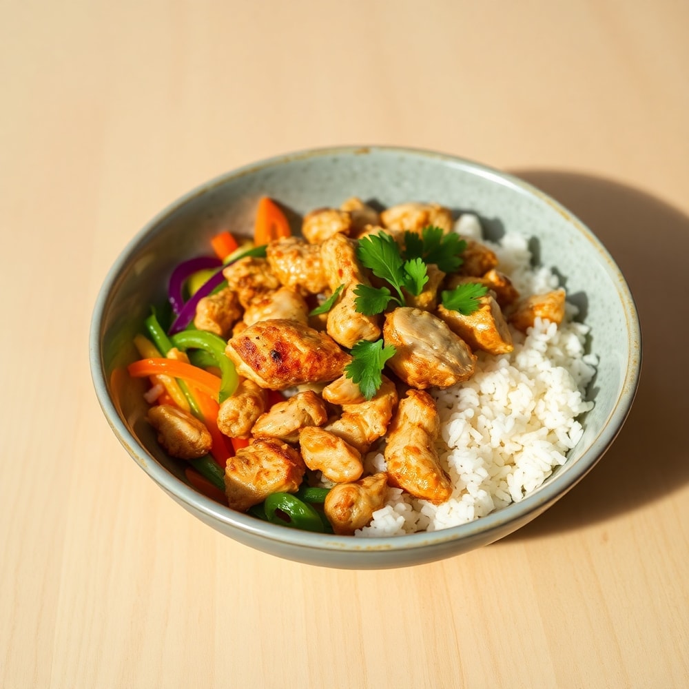 Coconut Chicken Rice Bowl plated with crispy chicken, colorful veggies, and fresh cilantro