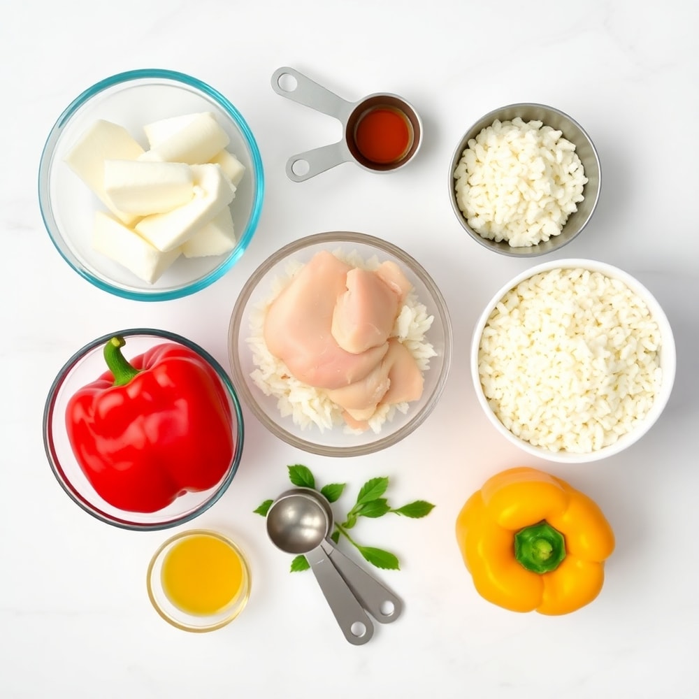Raw ingredients for Coconut Chicken Rice Bowl: chicken, coconut milk, rice, bell peppers, and spices