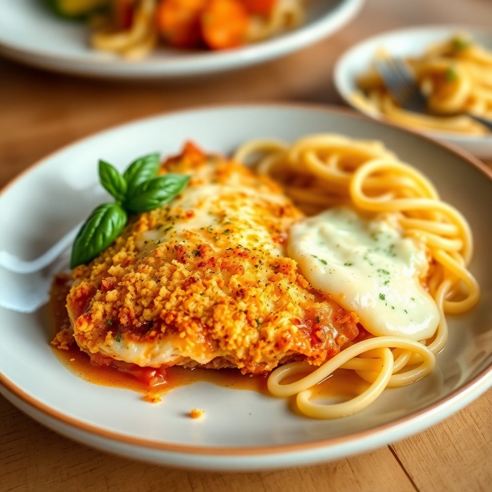 Plated baked chicken parmesan with side of pasta