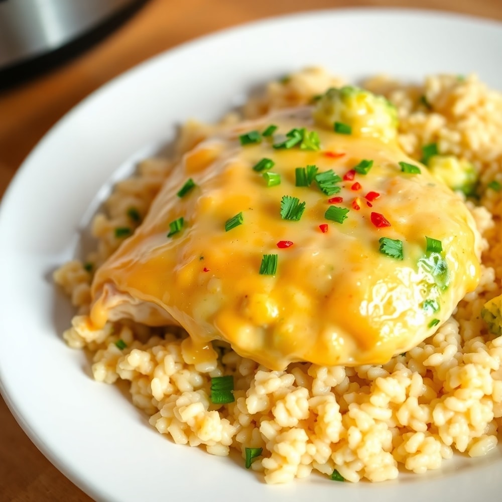 Plated serving of Crockpot Broccoli Cheddar Chicken and Rice Dinner