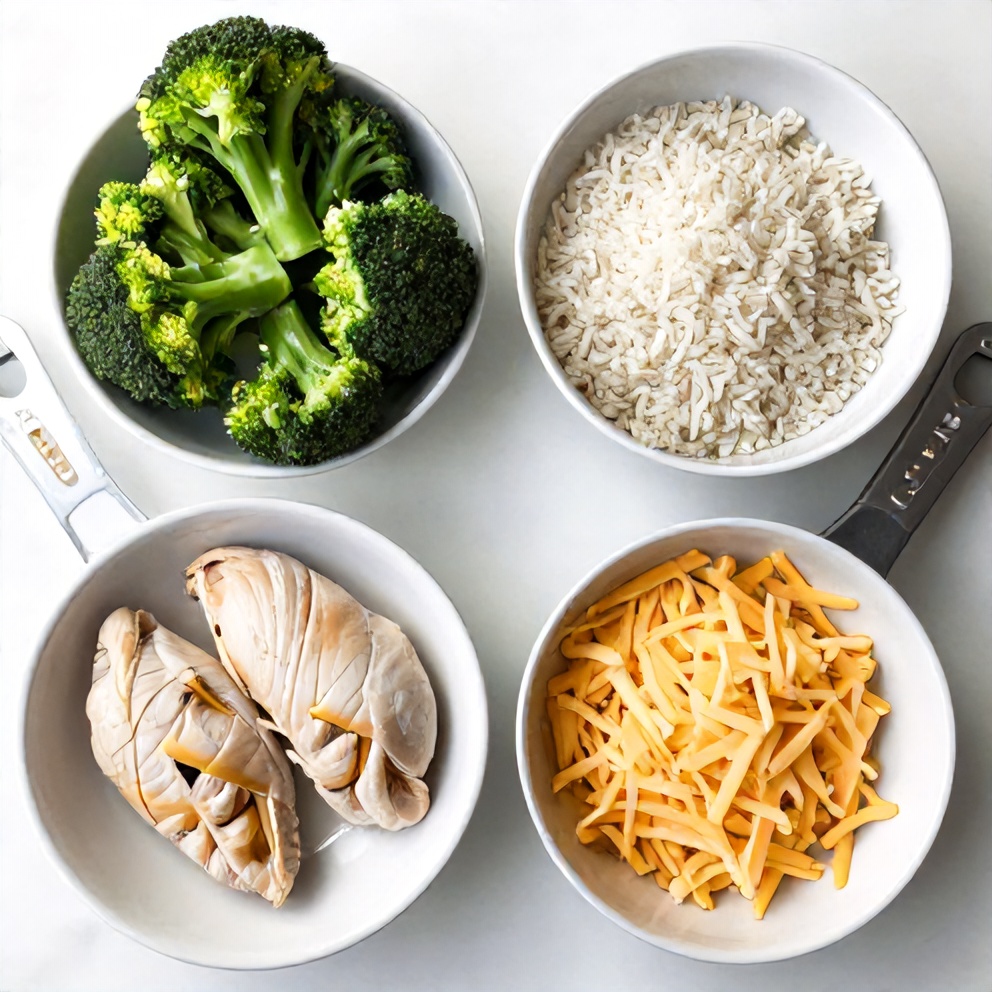 Raw ingredients for Crockpot Broccoli Cheddar Chicken and Rice Dinner