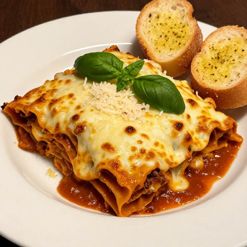 Plated serving of crockpot lasagna with garlic bread