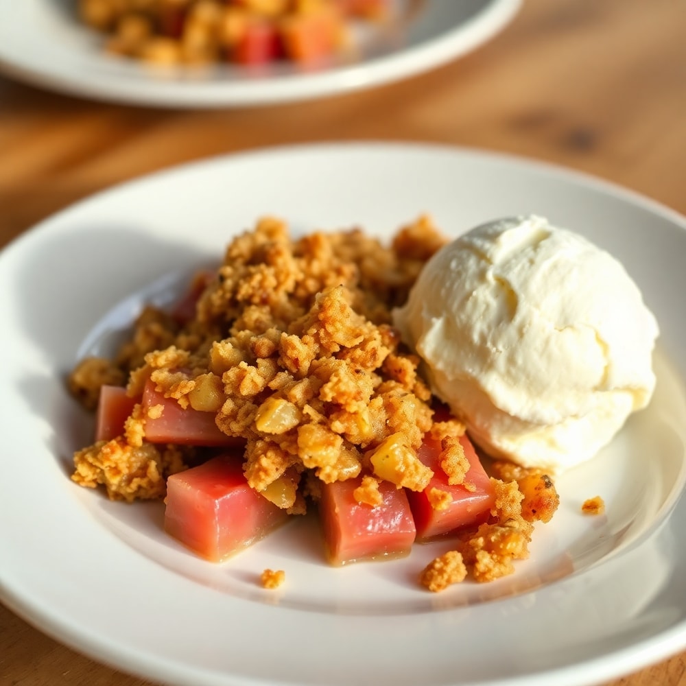 One perfect plated serving of Golden Rhubarb Crisp on a white plate, with a scoop of vanilla ice cream, close crop, warm side lighting showing crispy topping and creamy ice cream, photorealistic food photography