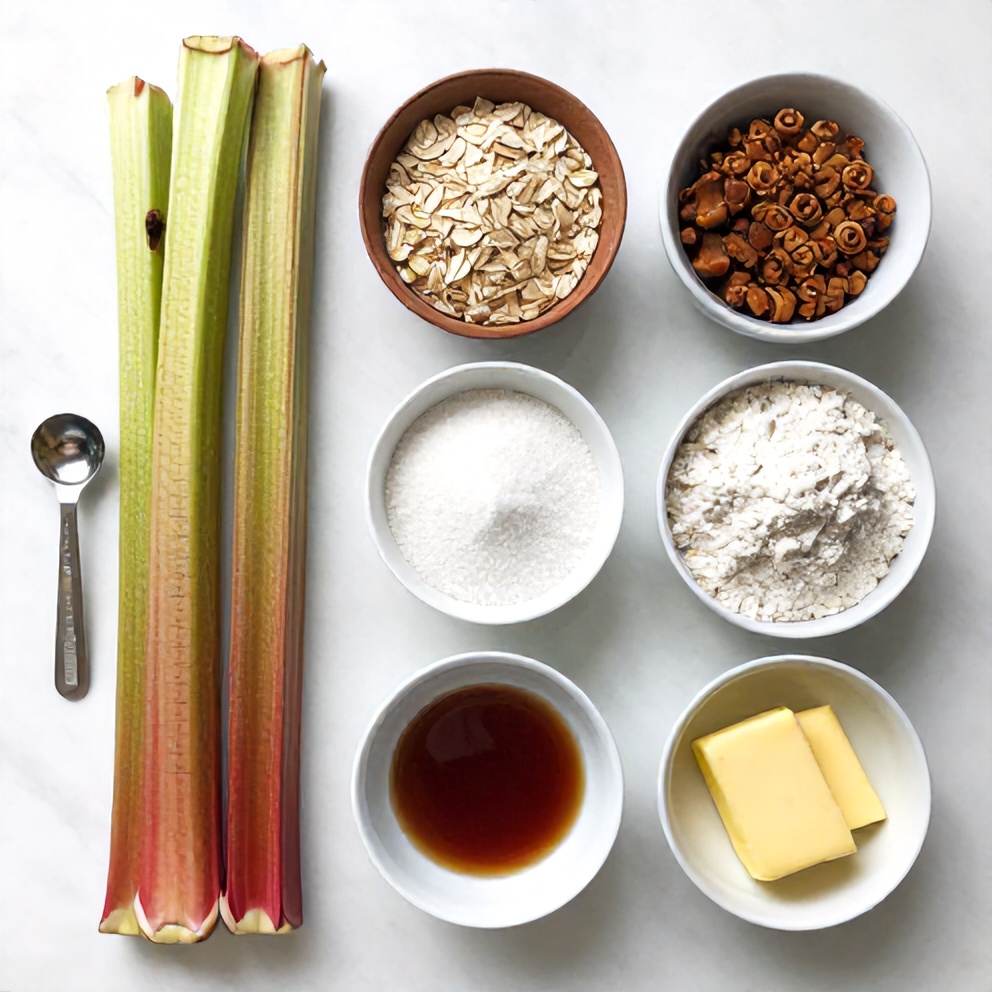 Raw ingredients for Rhubarb Crisp arranged as an overhead flat lay, including rhubarb stalks, sugar, oats, flour, butter, and vanilla extract, small prep bowls, measuring spoons, and measuring cups visible, white marble surface, bright even natural light, photorealistic overhead food photography