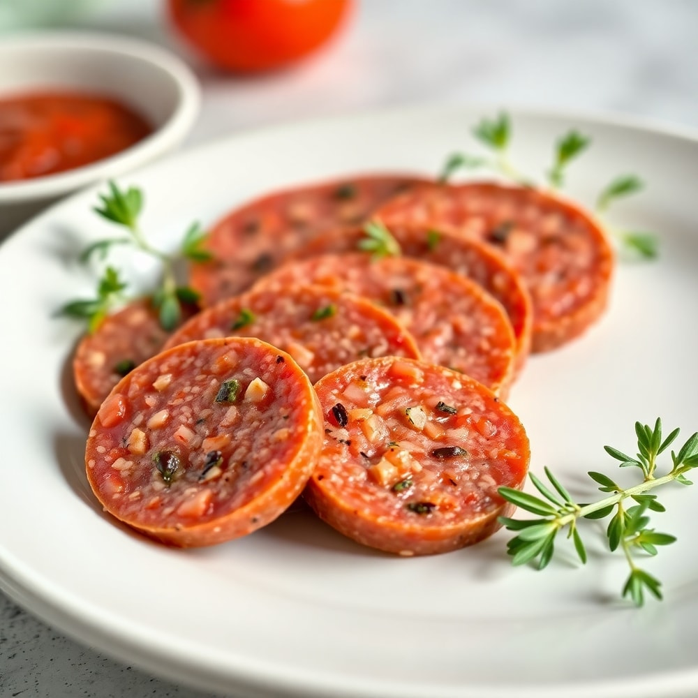 Vegan Salami Slices on a White Plate