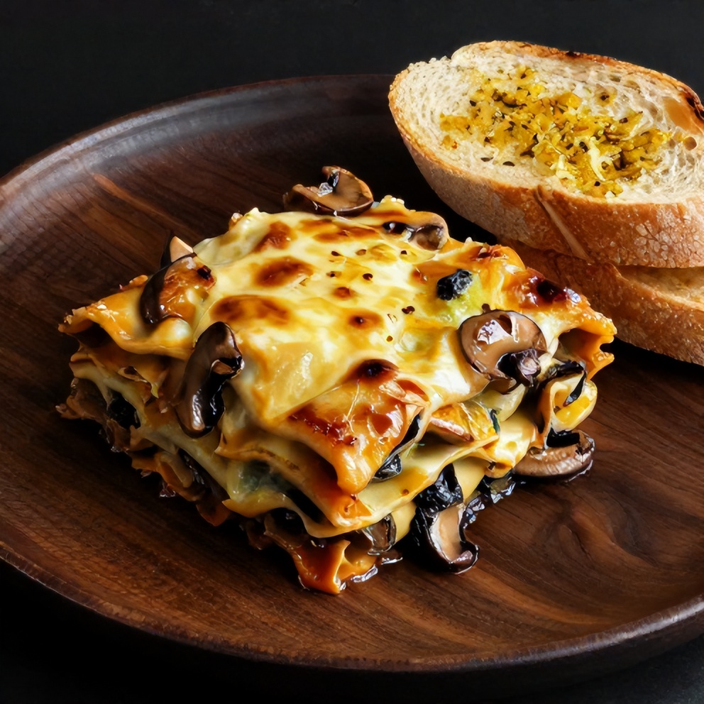 Plated serving of Mushroom Spinach Lasagna with a side of garlic bread