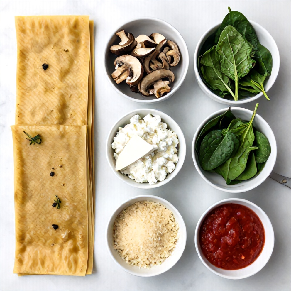 Raw ingredients for Mushroom Spinach Lasagna arranged in a flat lay