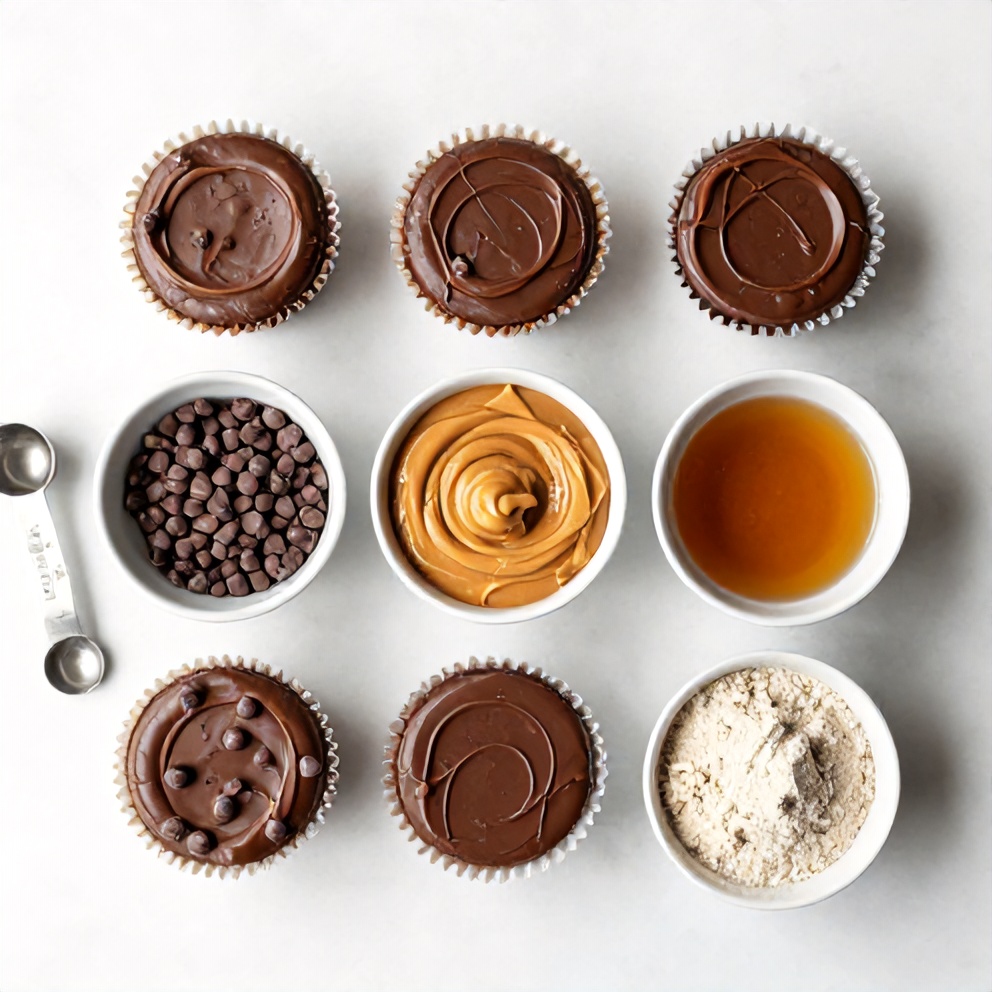 Ingredients for No-Bake Chocolate Peanut Butter Protein Cups laid out
