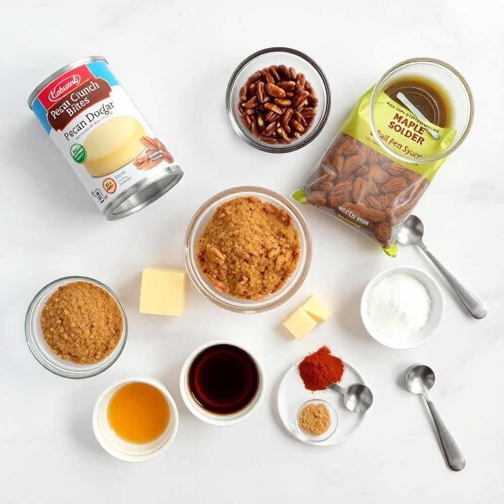 Ingredients for Pecan Crunch Glazed Bites on a marble counter
