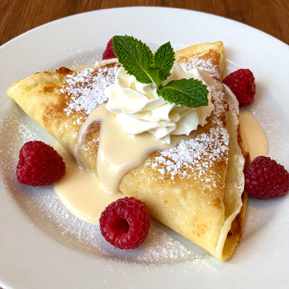 A plated serving of Raspberry Vanilla Cream Crepes with a dollop of whipped cream