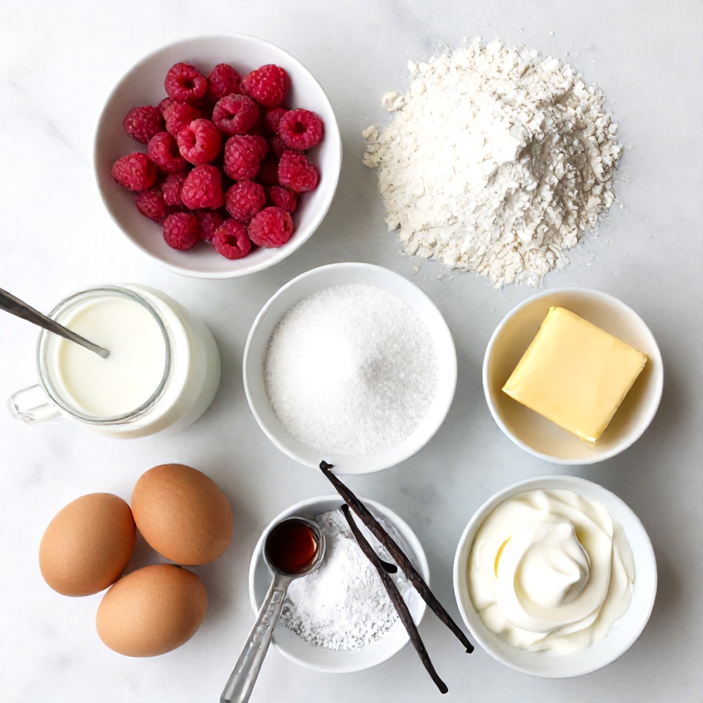 Raspberries, eggs, milk, flour, vanilla extract, sugar, butter, and cream arranged on a white marble surface
